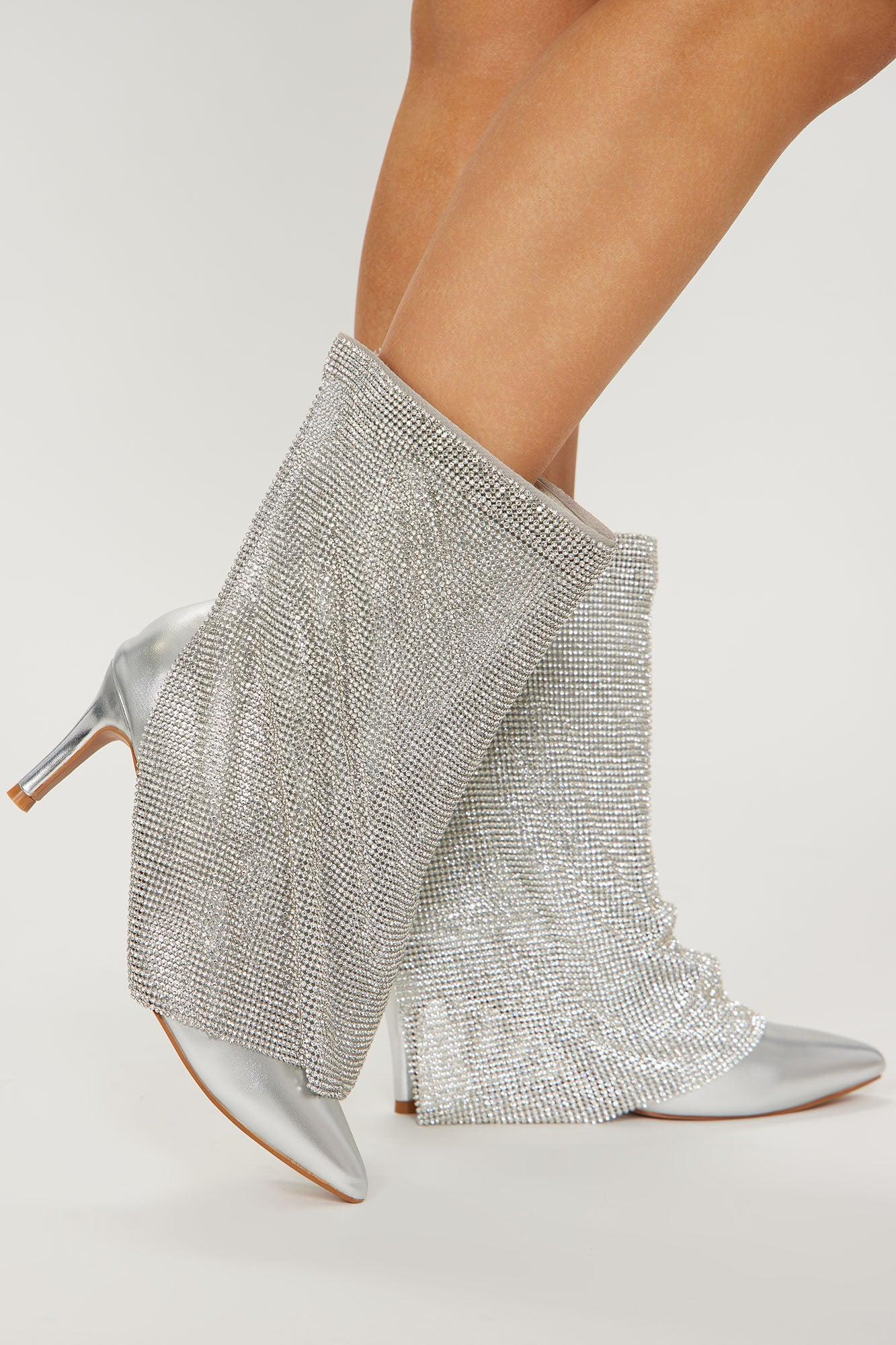 Loud And Clear Rhinestone Boots - Silver Product Image