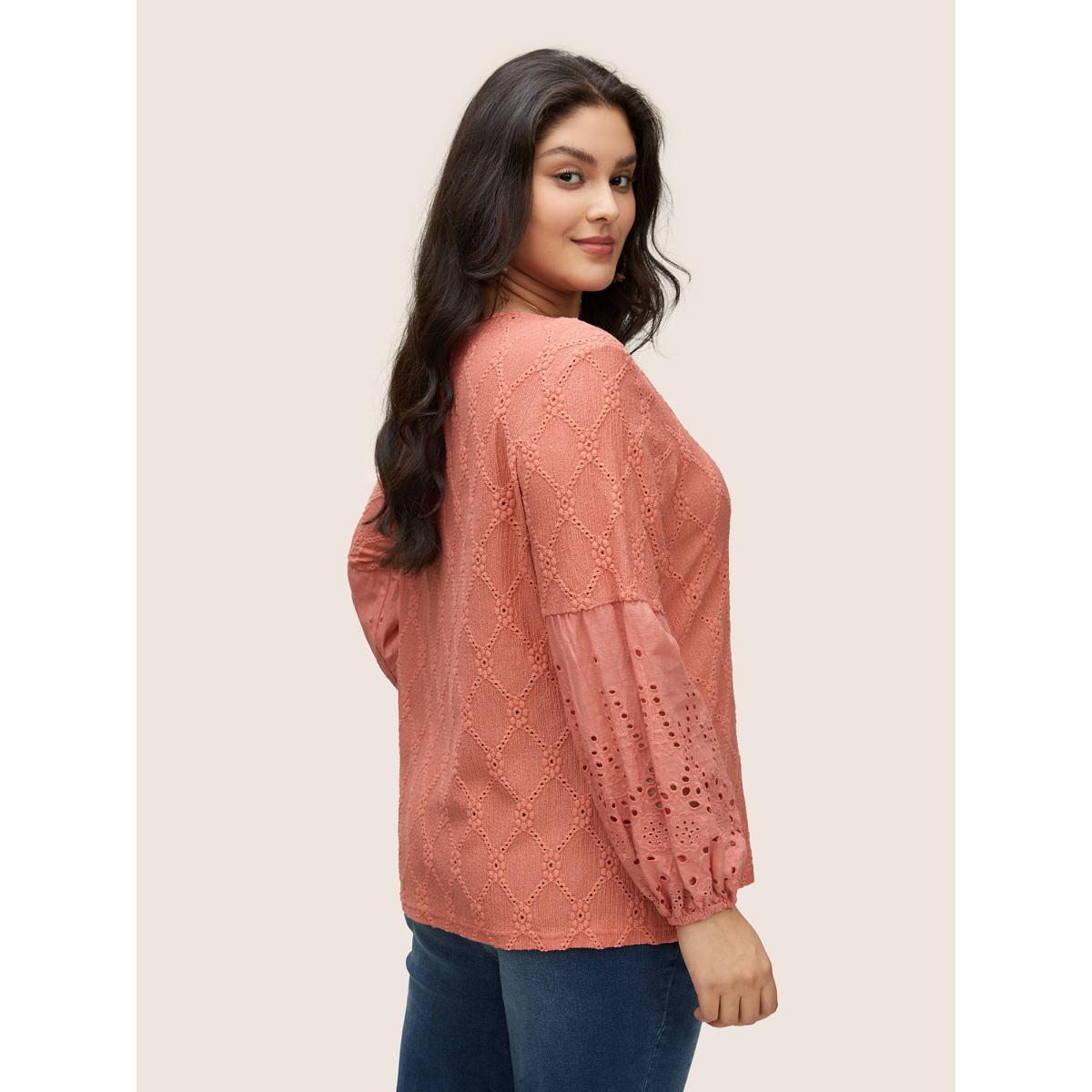 Plus Size Plain Texture Broderie Anglaise Patchwork T-shirt Salmon Women Resort Texture Plain V-neck Vacation T-shirts BloomChic 26/4X Product Image