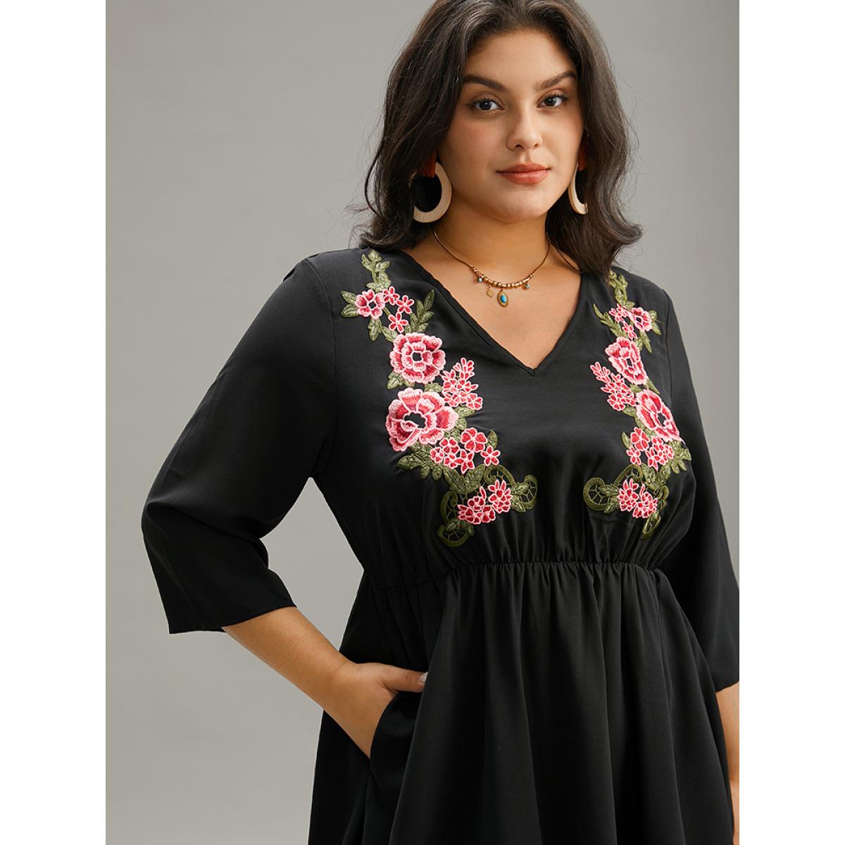 Plus Size Floral Embroidered Pocket V Neck Dress Black Women Vacation Embroidered V-neck Elbow-length sleeve Curvy Midi Dress BloomChic 14-16/1X Product Image