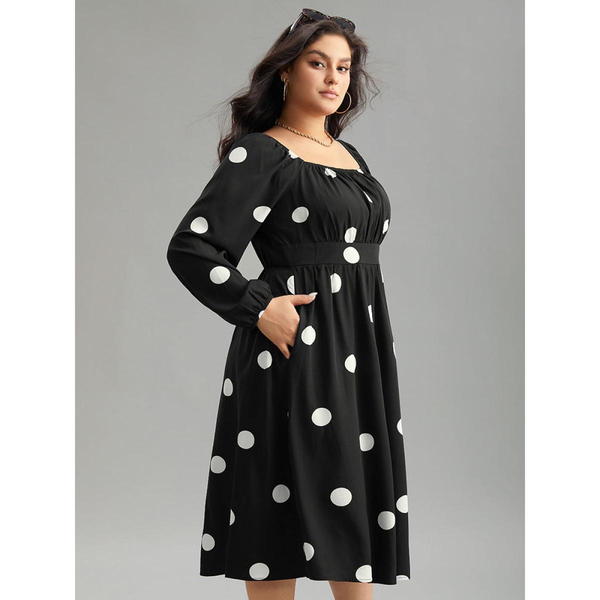 Plus Size Polka Dot Square Neck Gathered Elastic Cuffs Dress Black Women Elegant Elastic cuffs Square Neck Long Sleeve Curvy Midi Dress BloomChic 14-16/1X Product Image