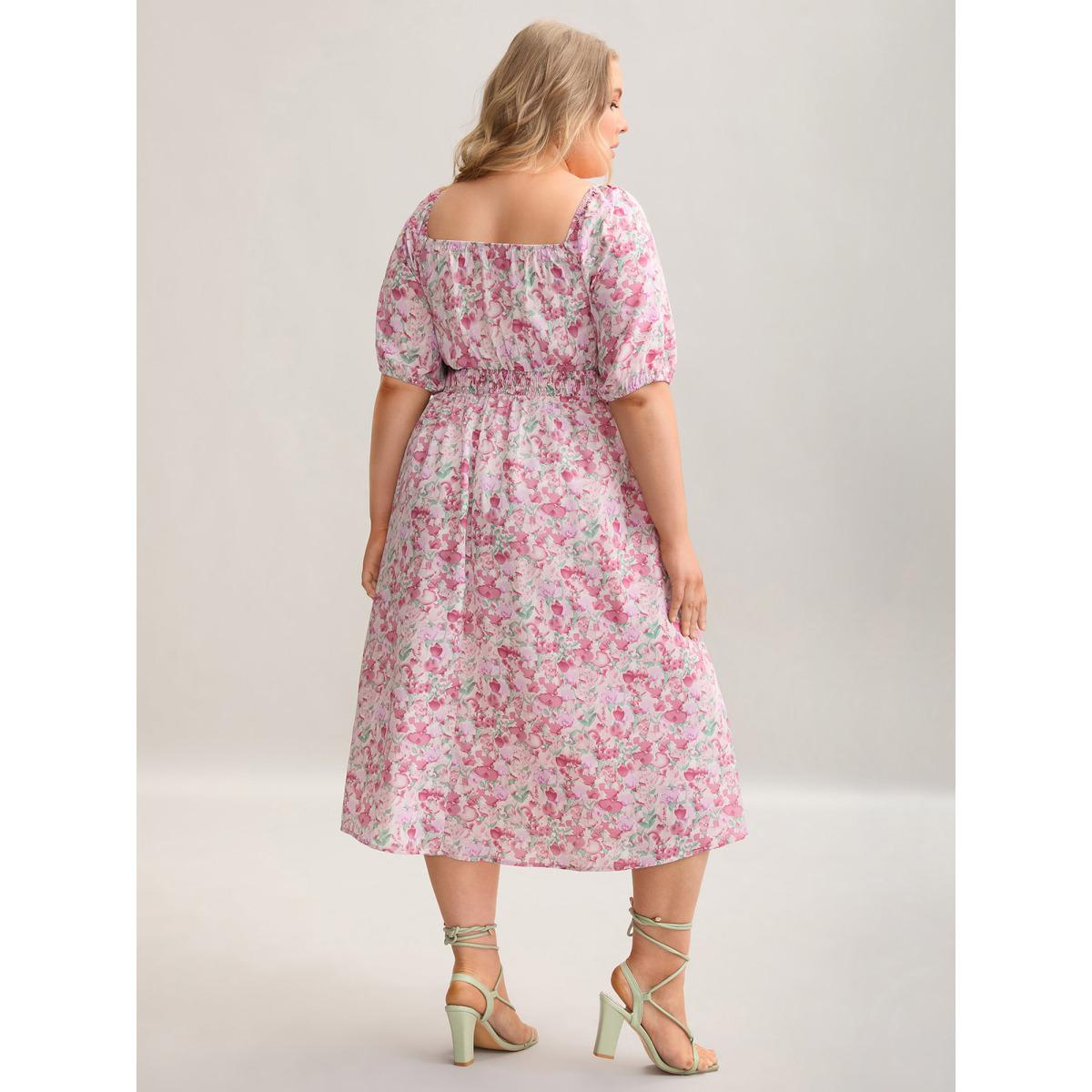 Plus Size Floral Print Shirred Waist Pockets Midi Dress Blush Women Timeless Tie knot Square Neck Half Sleeve Curvy BloomChic 30/6X Product Image