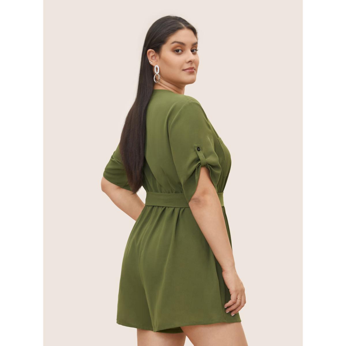 Plus Size Moss Solid Half Zip Belted Tab Sleeve Jumpsuit Women At the Office Half Sleeve Flat collar with V-notch Office Loose Jumpsuits BloomChic 22-24/3X Product Image