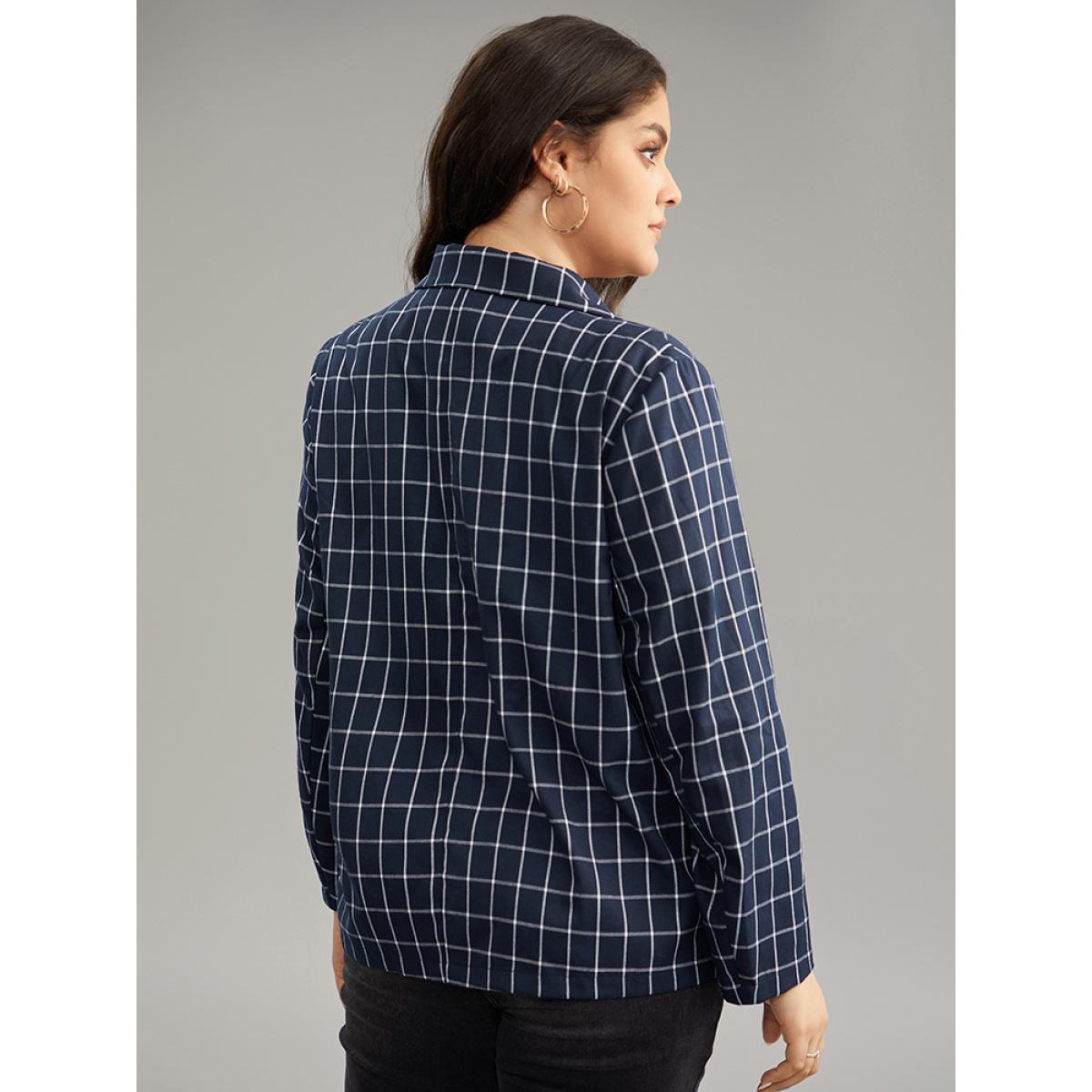 Plus Size Plaid Flap Detail Suit Collar Button Up Blazer DarkBlue Women Dailywear Plaid Contrast Sleeve Long Sleeve Suit Collar 12/L Pocket Casual Blazers BloomChic Product Image