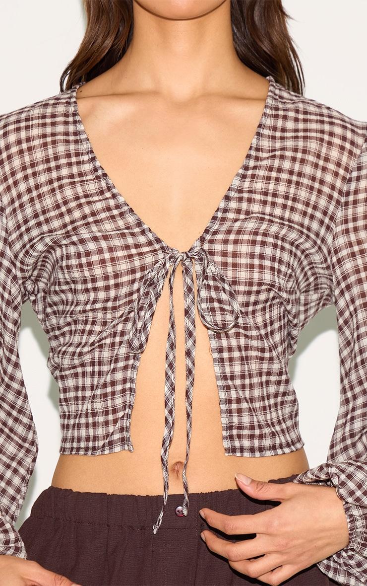Brown Tie Front Gingham Blouse Product Image