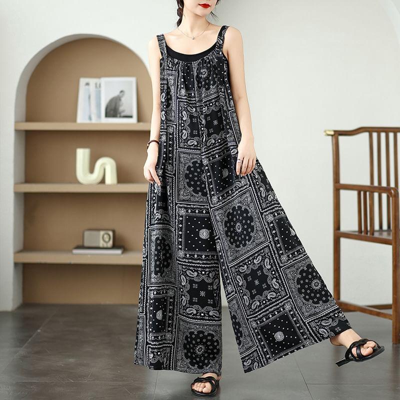 Sleeveless Pattern Wide Leg Jumpsuit Product Image