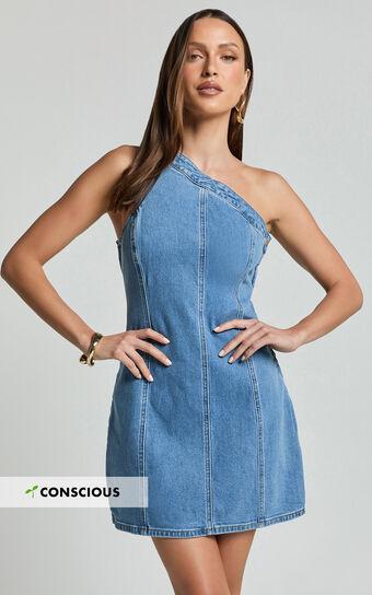 Harmony Mini Dress - One Shoulder Bodycon Recycled Denim Dress in Mid Blue Wash Product Image