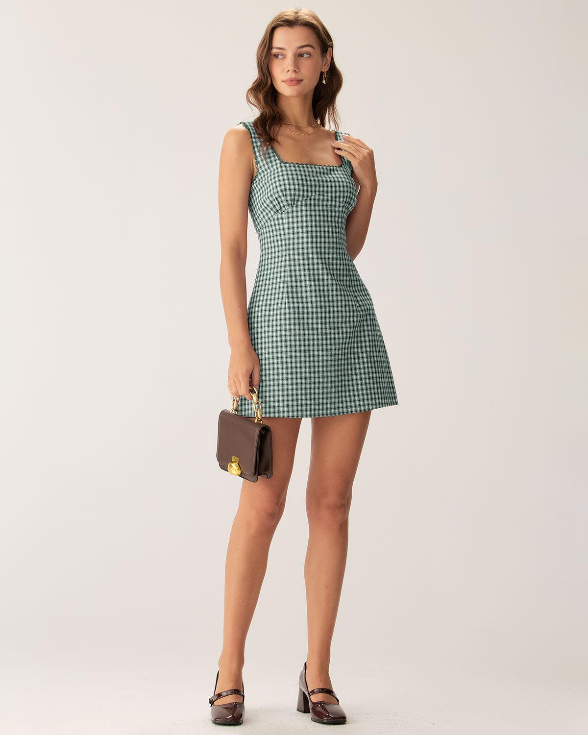 Green Plaid Square Neck Slip Mini Dress Product Image