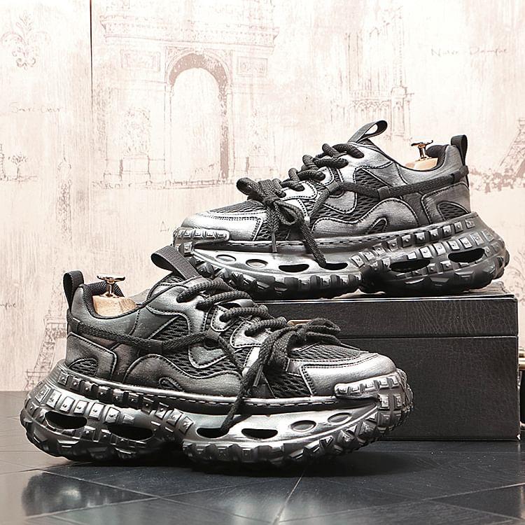 Platform Mesh Panel Lace-Up Sneakers Product Image