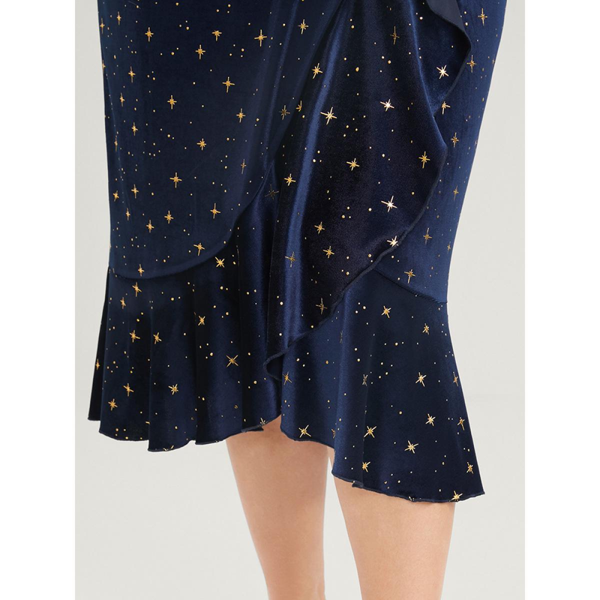 Plus Size Star Print Wrap Ruffle Trim Velvet Midi Dress Indigo Women Party Ruffles V-neck Long Sleeve Curvy Midi Dress BloomChic 18-20/2X Product Image