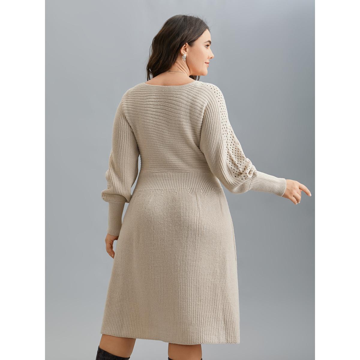 Plus Size Solid Dolman Sleeve Cable Knit Dress Apricot Women Elegant Bodycon Long Sleeve Everyday Sweater Dresses BloomChic 18-20/2X Product Image