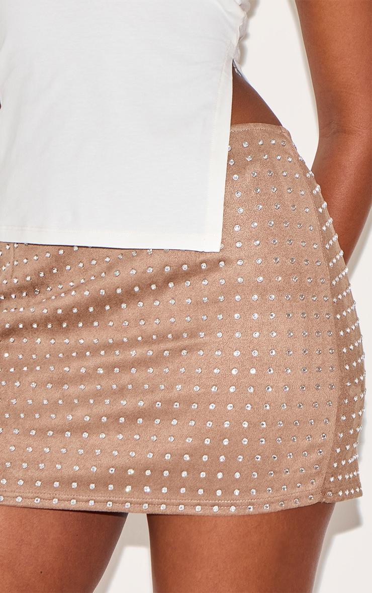 Taupe Suede Diamante Mini Skirt Product Image
