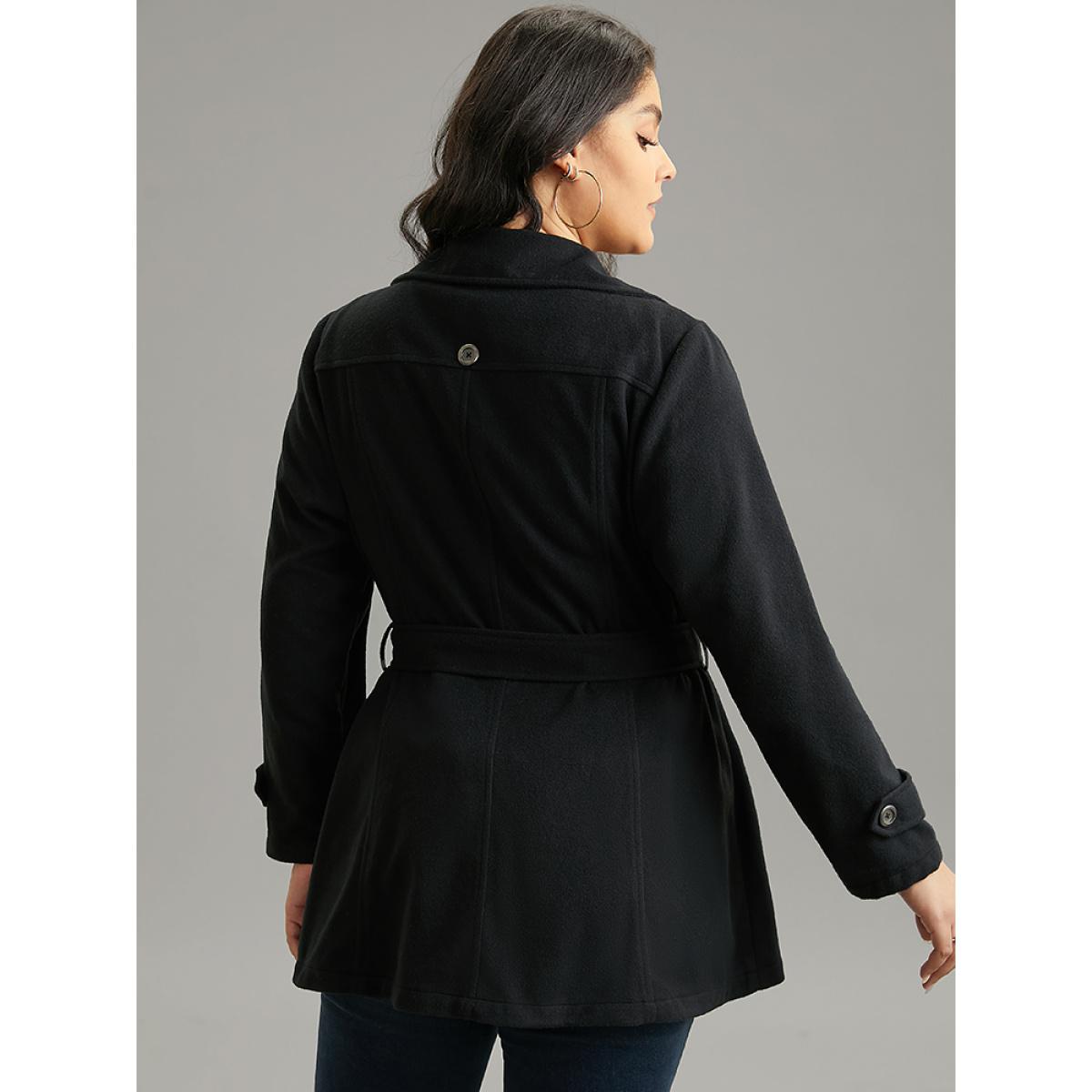 Plus Size PU Leather Patchwork Lapel Collar Double Breasted Belted Coat Women Black Casual Belted Ladies Dailywear Winter Coats BloomChic 12/L Product Image