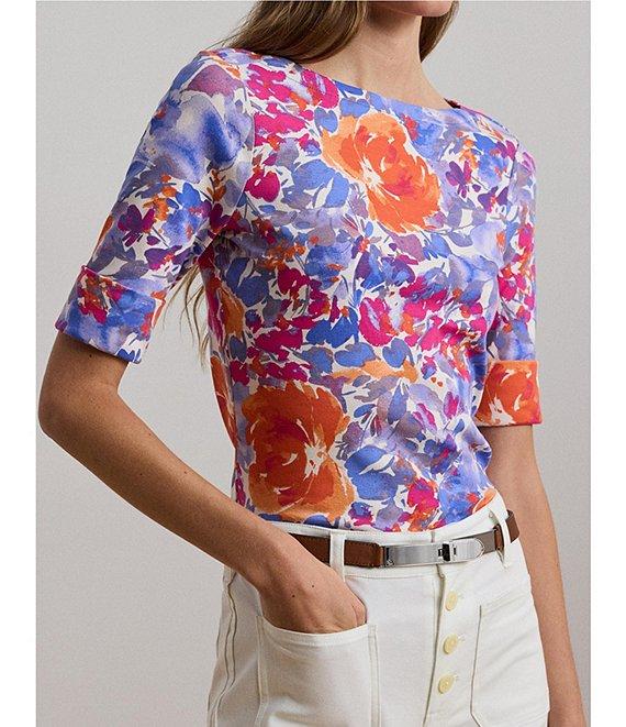 Lauren Ralph Lauren Stretch Cotton Floral Print Boat Neck Elbow Sleeve T-Shirt Product Image
