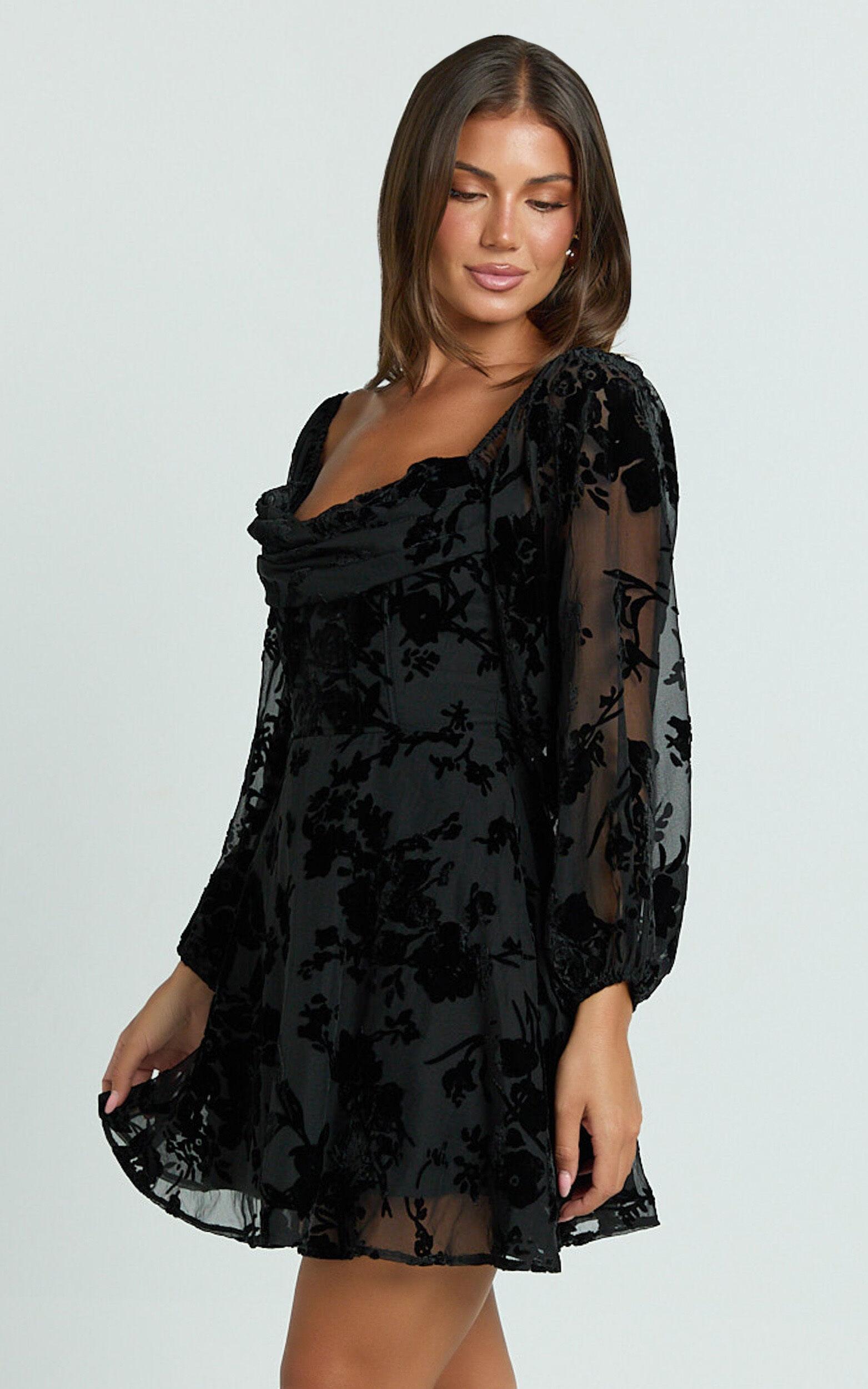 Jessell Mini Dress - Long Sleeve Cowl Corset Dress in Ebony Burnout Product Image