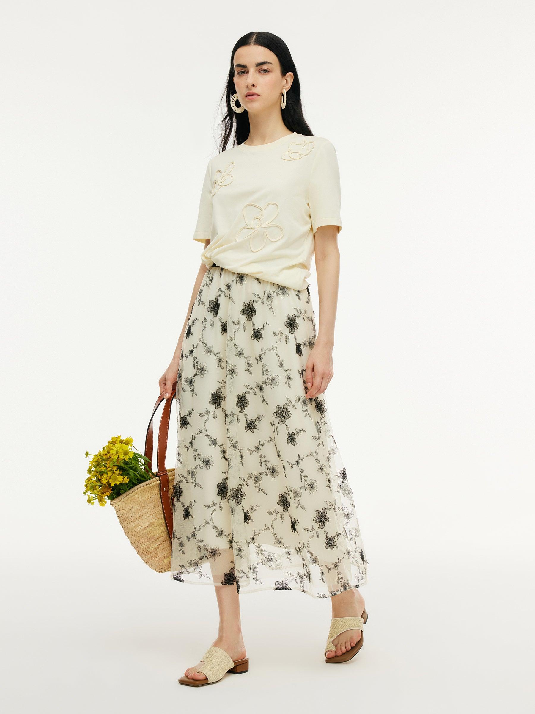Floral Embroidered Women Elastic Waist Mesh Skirt Product Image