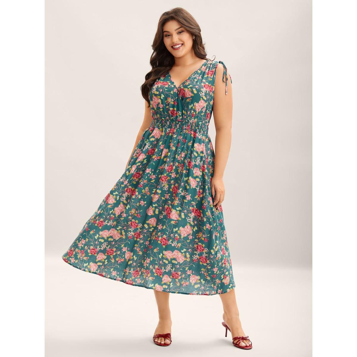 Plus Size Floral Print Shoulder Tie Pockets Midi Dress Cerulean Women Timeless Overlap Collar Sleeveless Curvy BloomChic 12/L Product Image