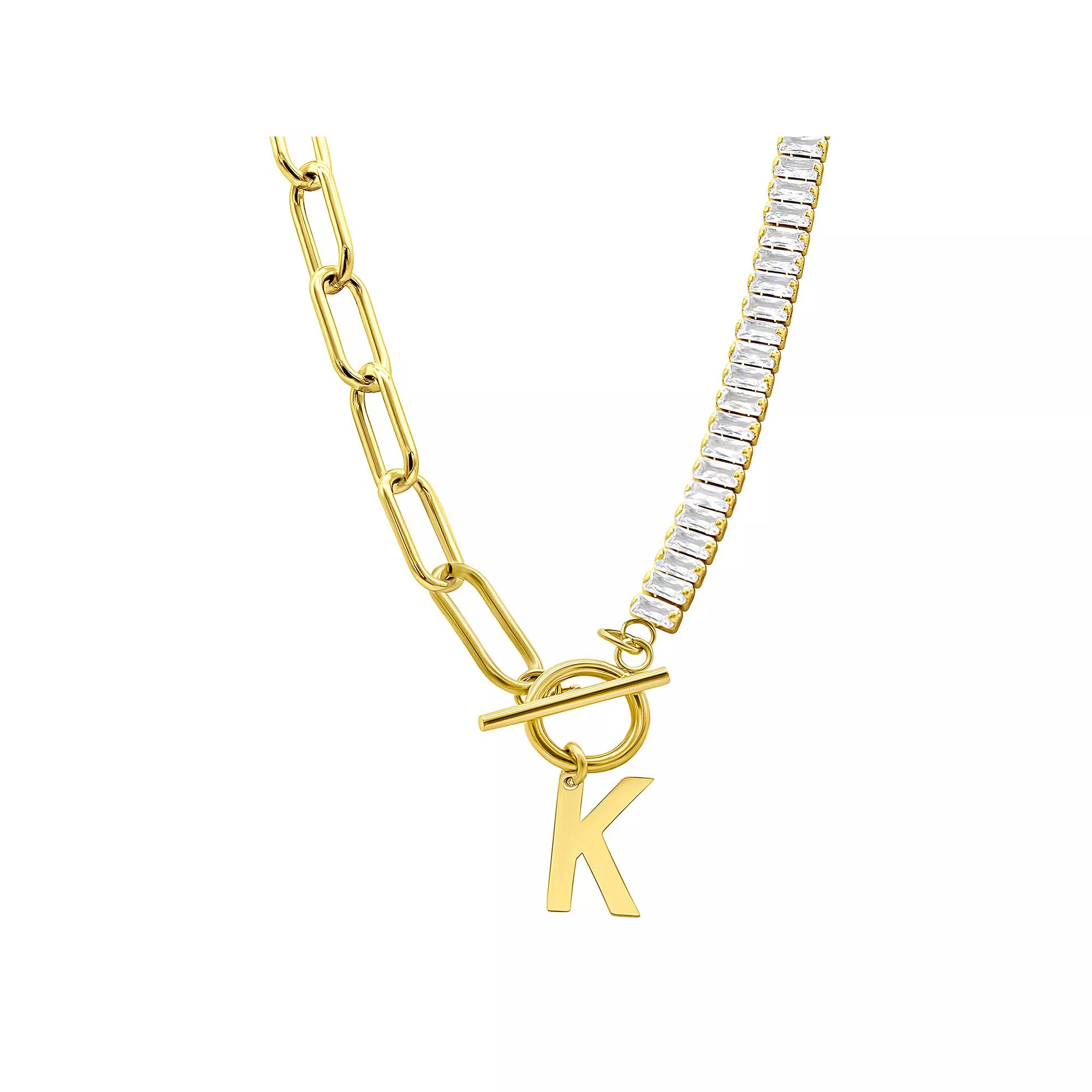 Adornia Gold Tone Half Crystal & Half Paperclip Initial Toggle Necklace, Womens Product Image