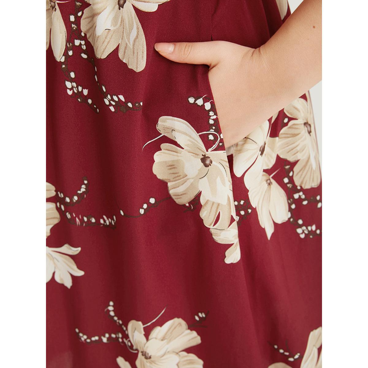 Plus Size Floral Print Knot Neck Pocket Ruffle Dress Burgundy Women Elegant Cross straps Tie Neck Short sleeve Curvy Midi Dress BloomChic 26/4X Product Image
