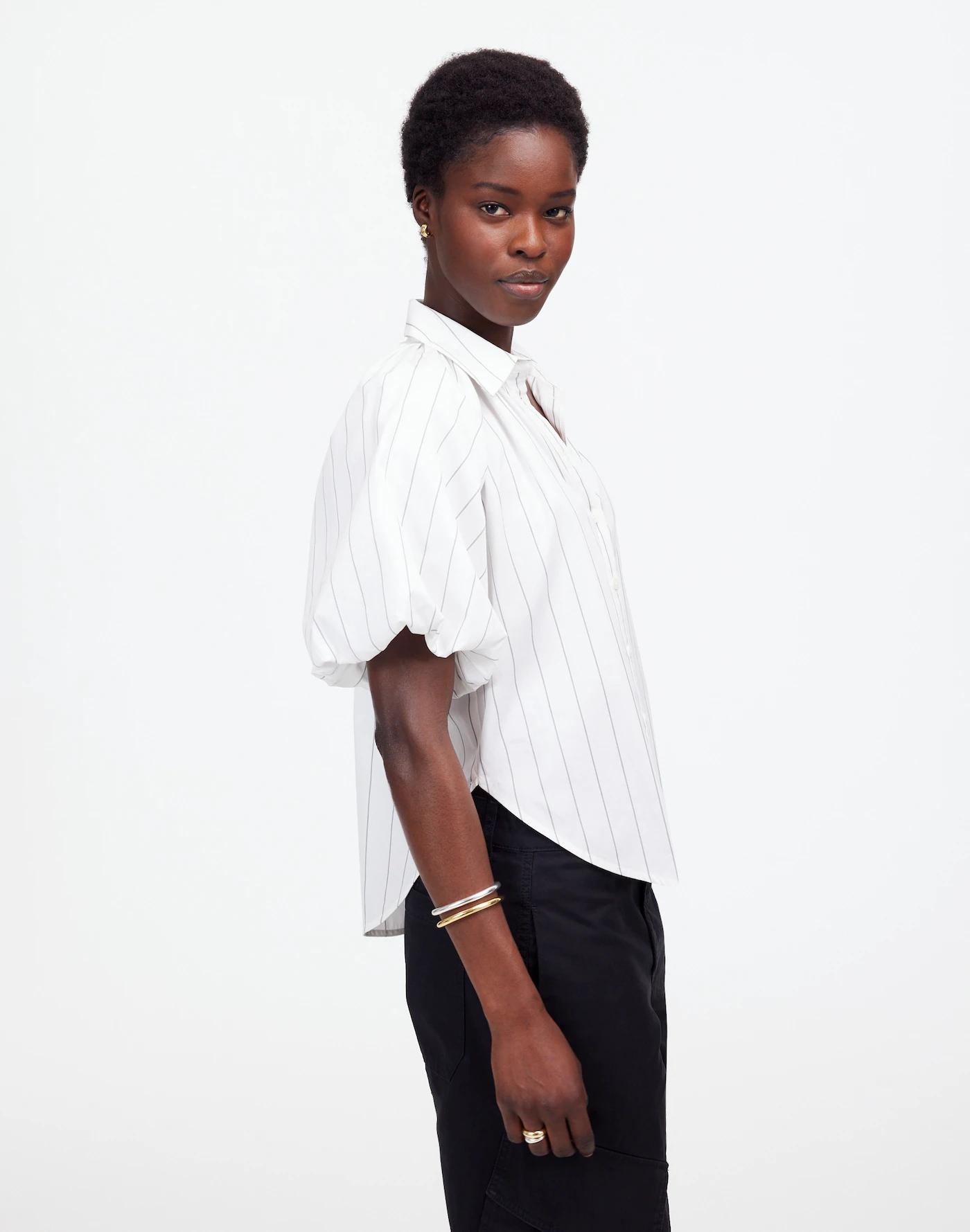 Shirred Bubble-Sleeve Button-Up Shirt Product Image