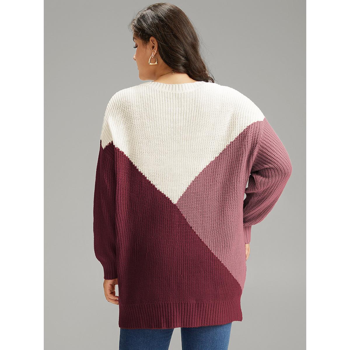 Plus Size Colorblock Split Side Drop Shoulder Pullover Scarlet Women Casual Loose Long Sleeve Round Neck Dailywear Pullovers BloomChic 10/M Product Image