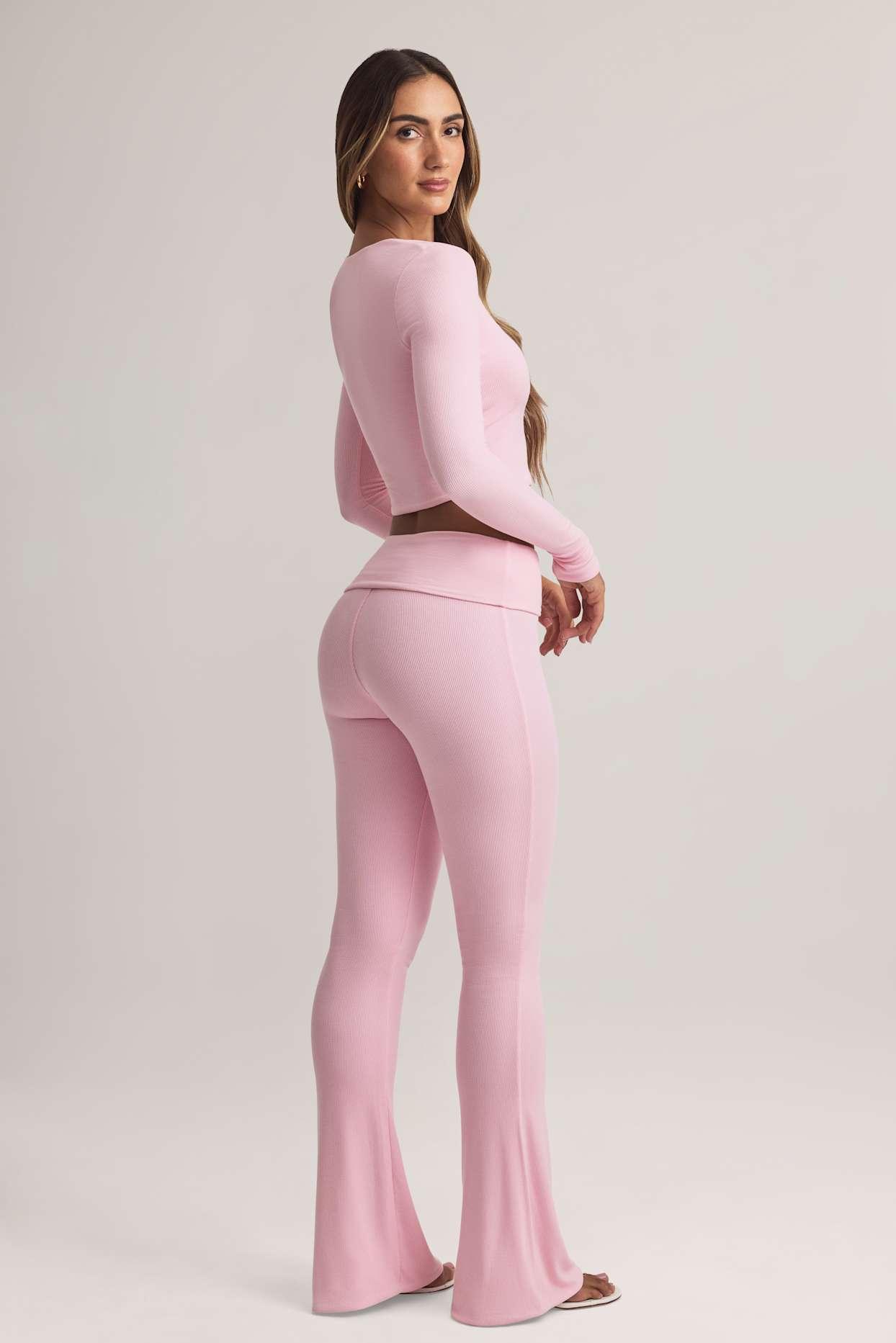 Modal Foldover Mid-Rise Flared Trousers in Pastel Pink Product Image