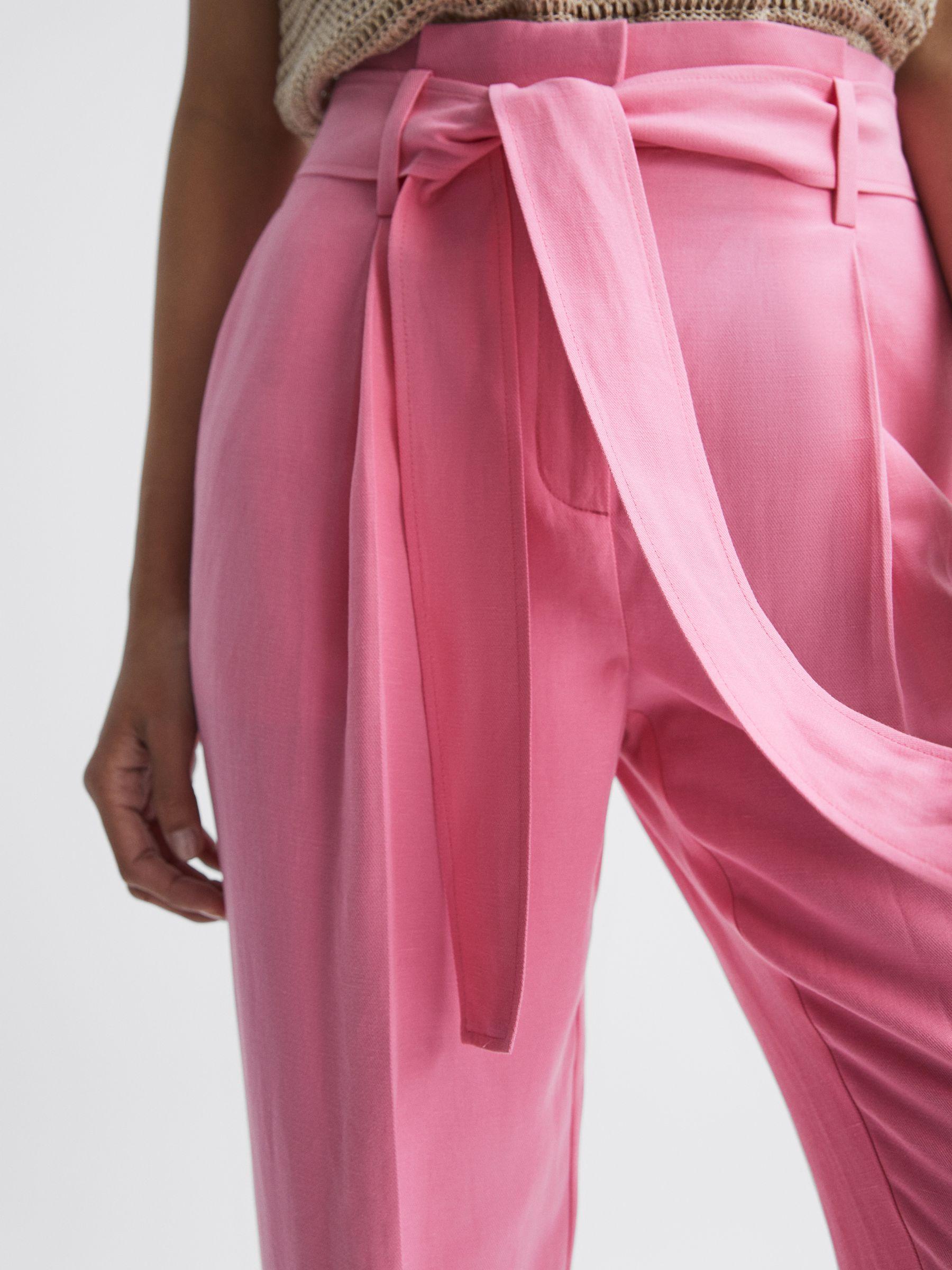 High Rise Belted Tapered Trousers in Pink Product Image