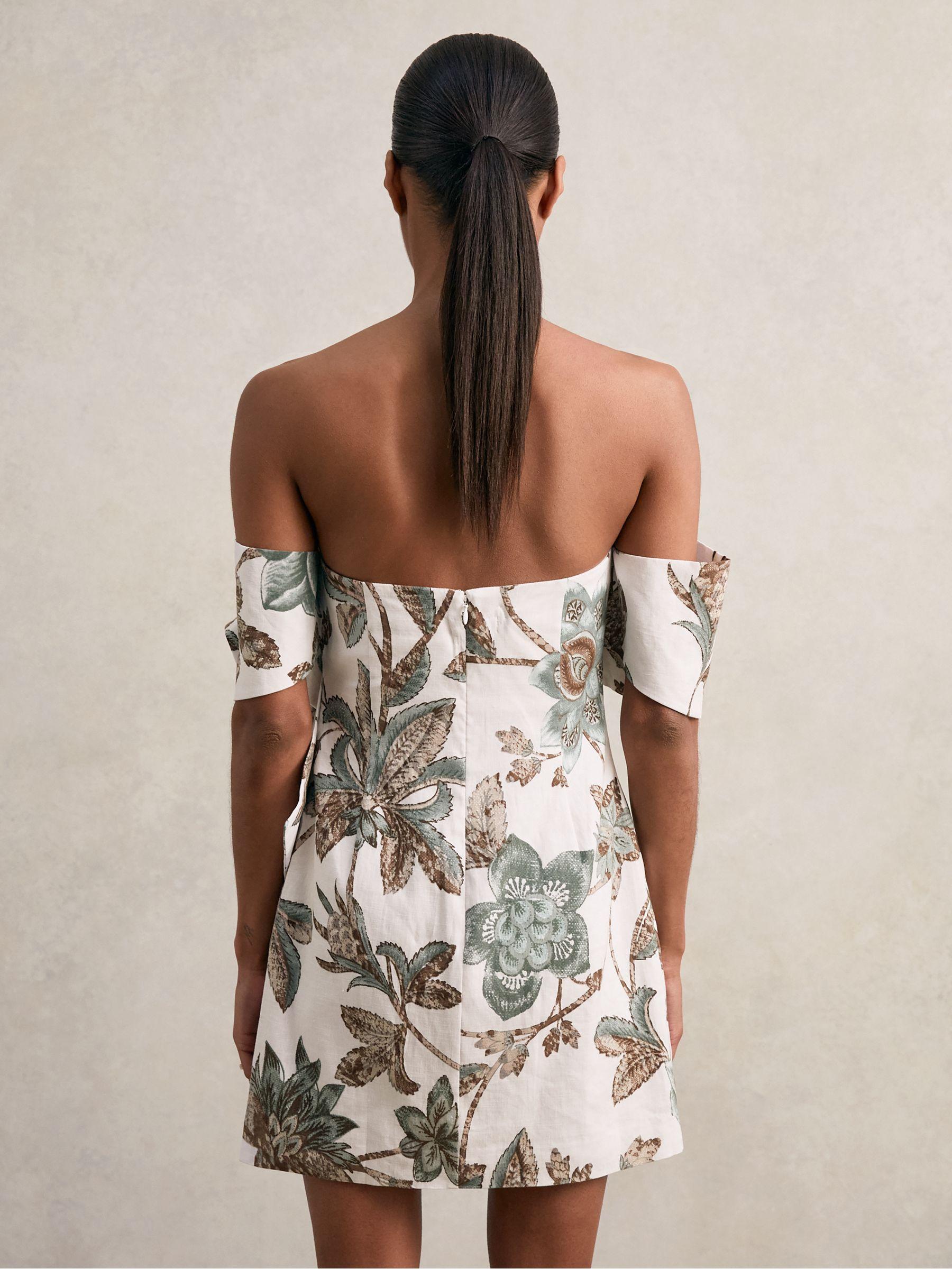 Sculpted Off-Shoulder Floral Mini Dress Linen-Cotton in Ivory Product Image