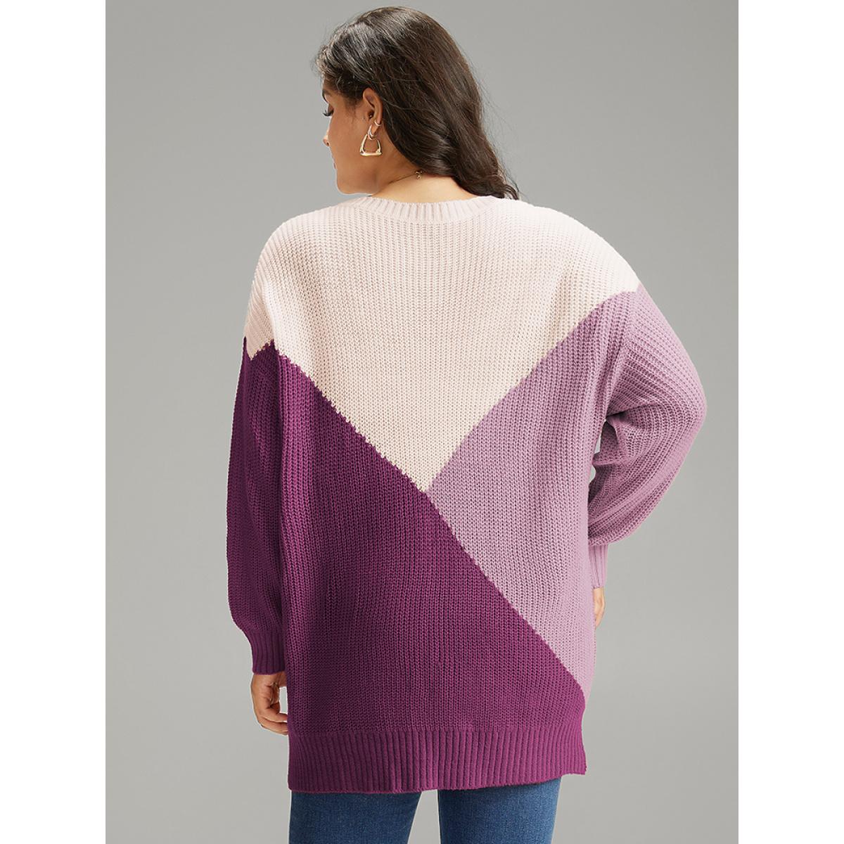 Plus Size Colorblock Split Side Drop Shoulder Pullover RedViolet Women Casual Loose Long Sleeve Round Neck Dailywear Pullovers BloomChic 10/M Product Image