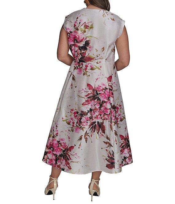 Donna Karan Plus Size Floral Dupioni V-Neck Cap Sleeve Tie Sash Midi Wrap Dress Product Image