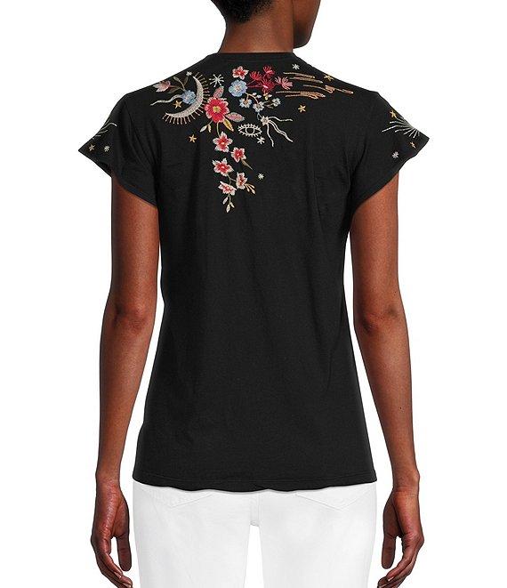 JOHNNY WAS Lissa Embroidered Floral Print Cotton Knit Jersey V-Neck Short Flutter Sleeve Tee Shirt Product Image