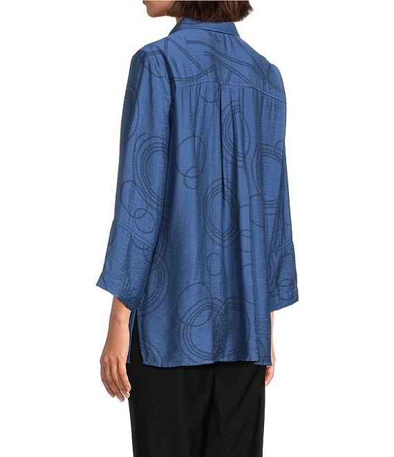 Ali Miles Woven Geometric Print Point Collar 3/4 Sleeve Button-Front Tunic Product Image