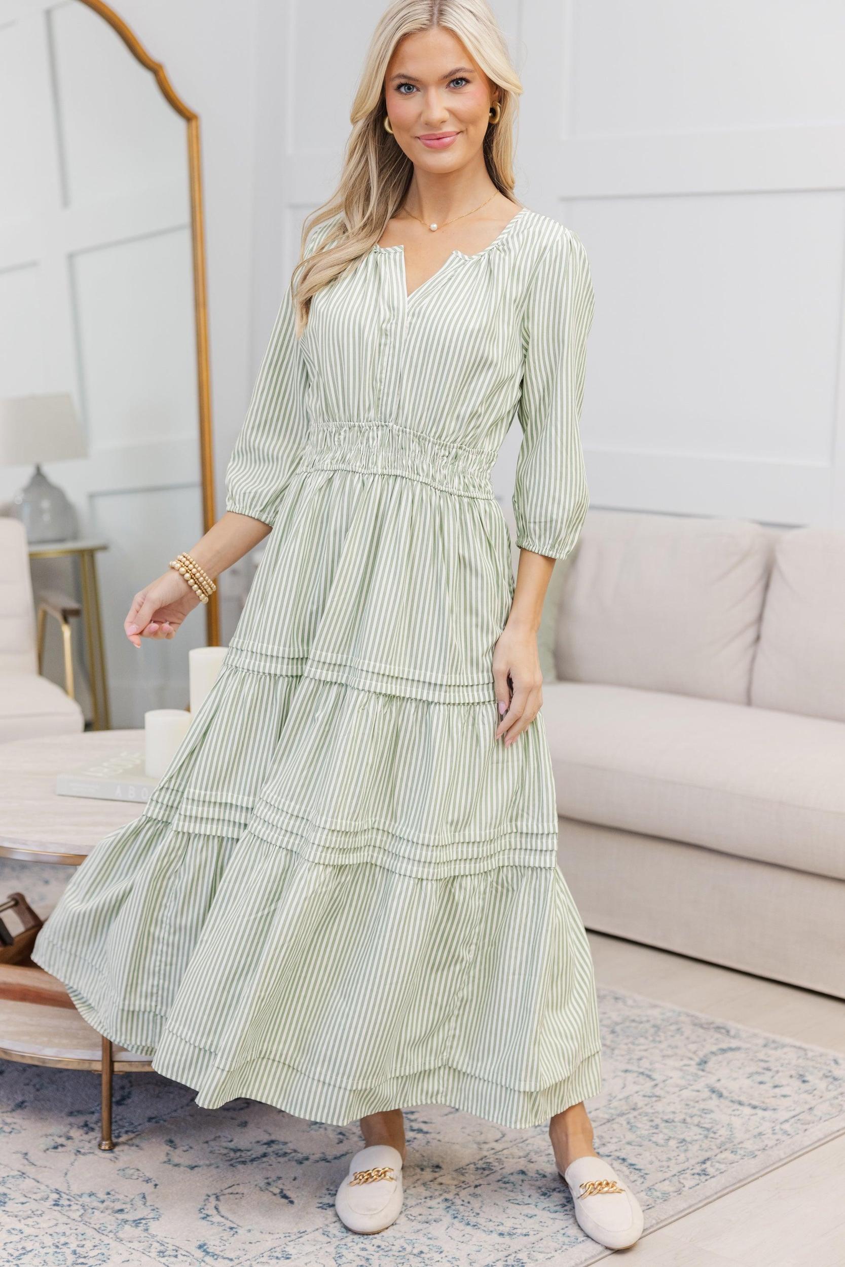 NURSING COLLECTION: It's In The Air Olive Green Striped Tiered Midi Dress Female Product Image