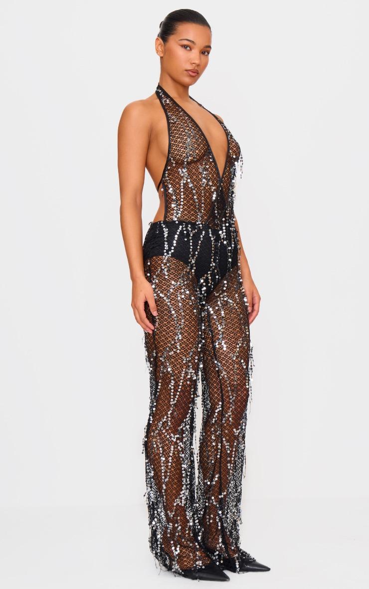 Black Sequin Fishnet Halterneck Jumpsuit Product Image