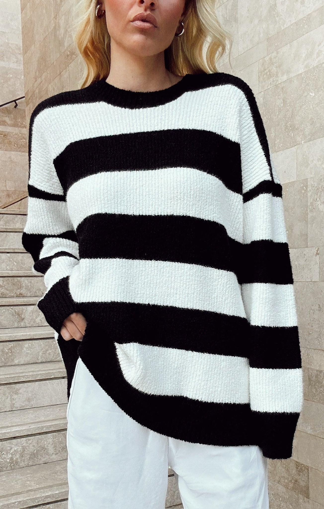 Hometown Tunic Sweater ~ Black White Stripe Knit Product Image