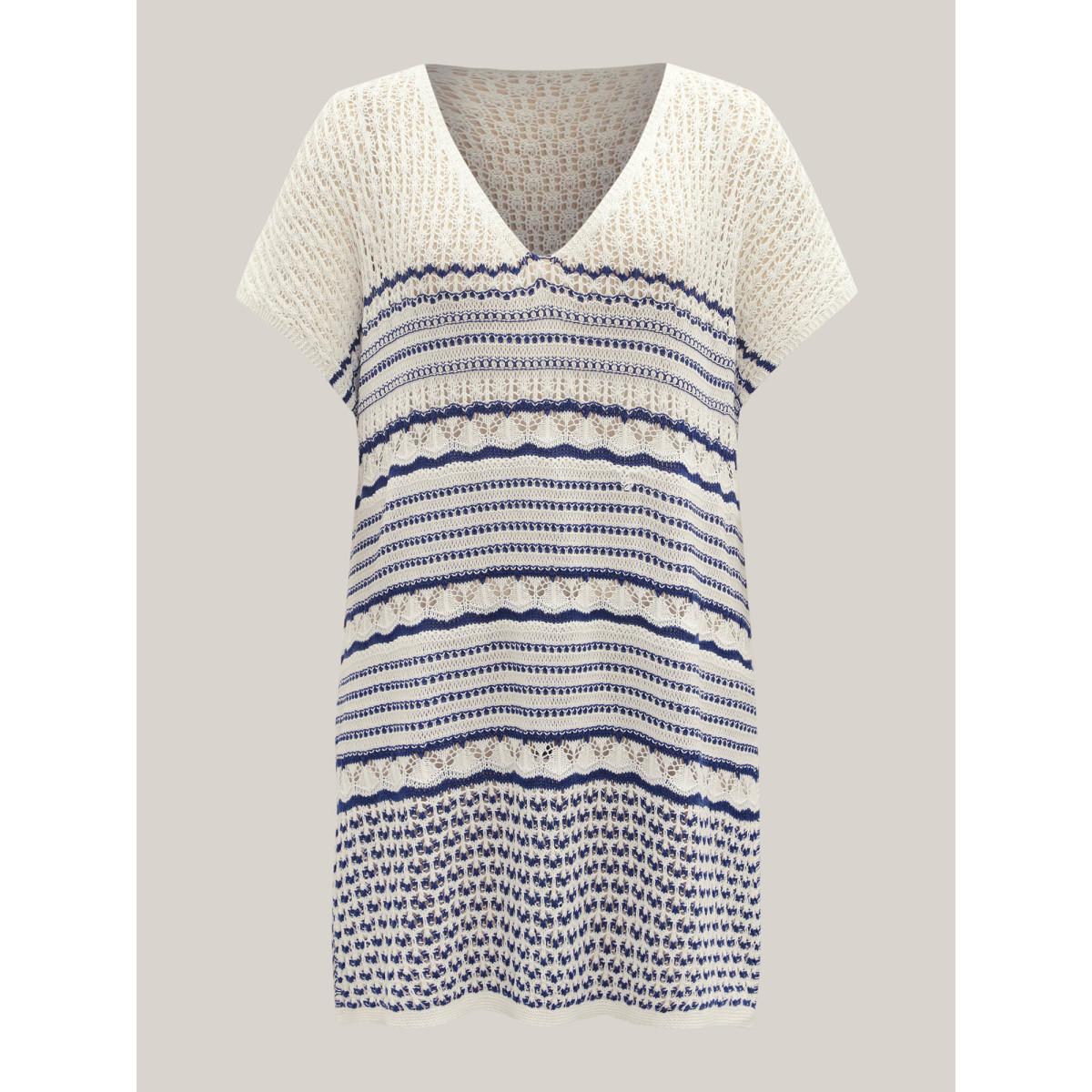 Plus Size Stripes Crochet V-Neck Swim Cover-Up Women's Swimwear Indigo Resort Loose Texture Curve Swim Cover Ups BloomChic 18-20/2X Product Image