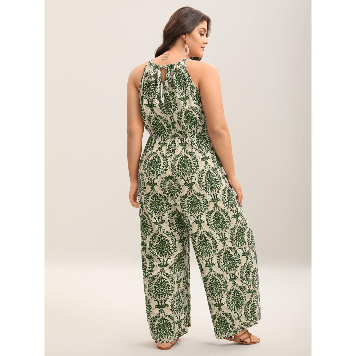 Plus Size Greenbean Rayon Damask Print Stretchy Waist Jumpsuit Women Boho Sleeveless Halter neck Vacation Loose Jumpsuits BloomChic 14-16/1X Product Image