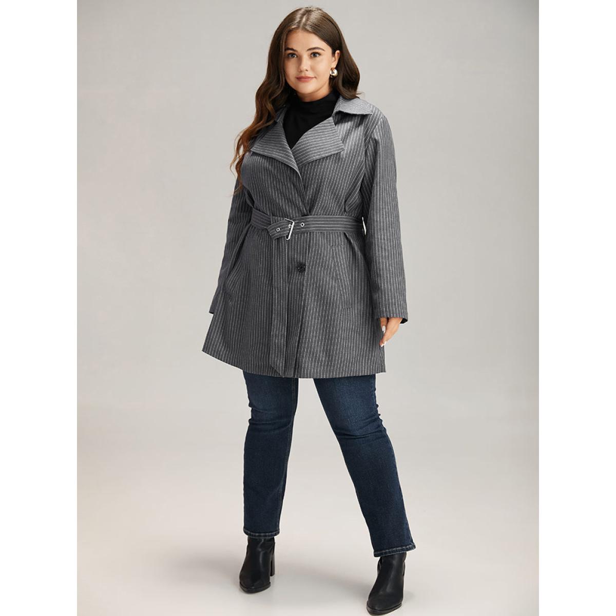 Plus Size Striped Belted Lapel Collar Tunic Coat Women DimGray Casual Belted Ladies Dailywear Winter Coats BloomChic 22-24/3X Product Image