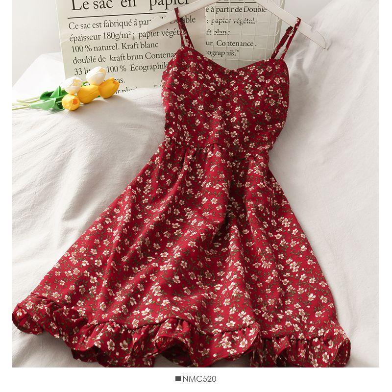 Spaghetti Strap Floral Print Ruffled Hem Mini A-Line Dress Product Image