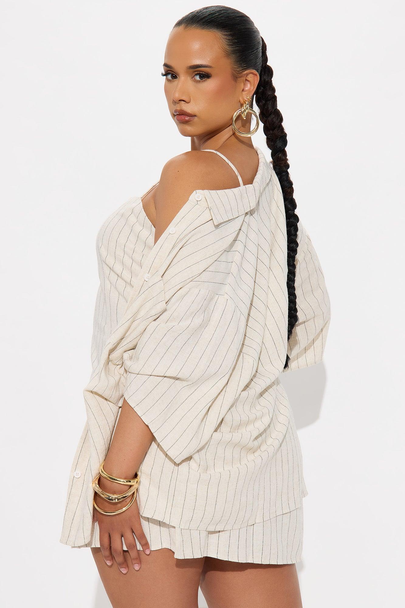 Newport Beach Linen Pinstripe Mini Dress Set - Oatmeal Product Image