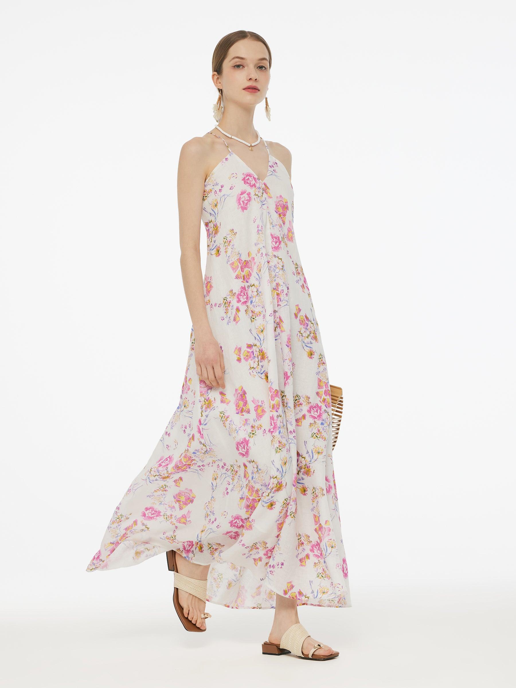 100% Linen Rose Print Women Halterneck Slip Maxi Dress Product Image