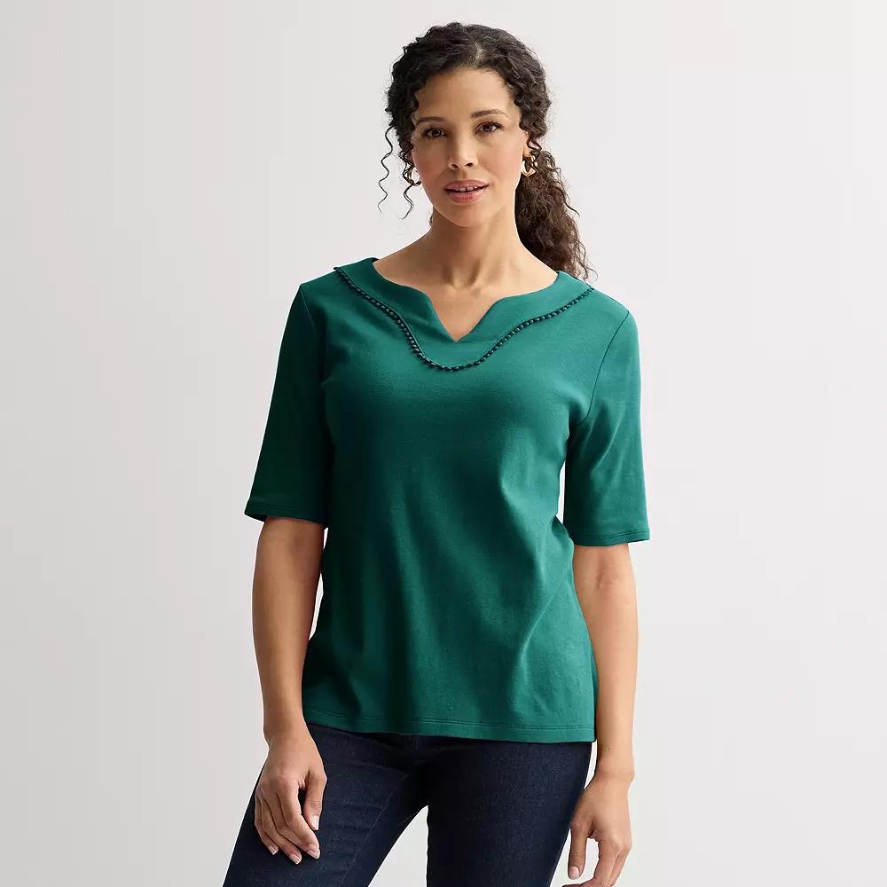 Womens Croft & Barrow Bobble Trim Splitneck Elbow Sleeve Top Dark Blue Product Image