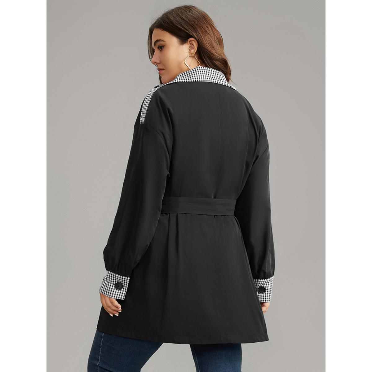 Plus Size Gingham Patchwork Belted Pocket Coat Women Black Casual Belted Ladies Dailywear Winter Coats BloomChic 12/L Product Image