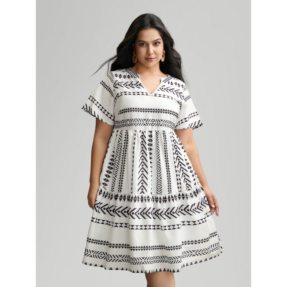 Plus Size Bandana Geometric Ruffle Sleeve Babydoll Dress White Women Vacation Notched collar Short sleeve Curvy Knee Dress BloomChic 14-16/1X Product Image