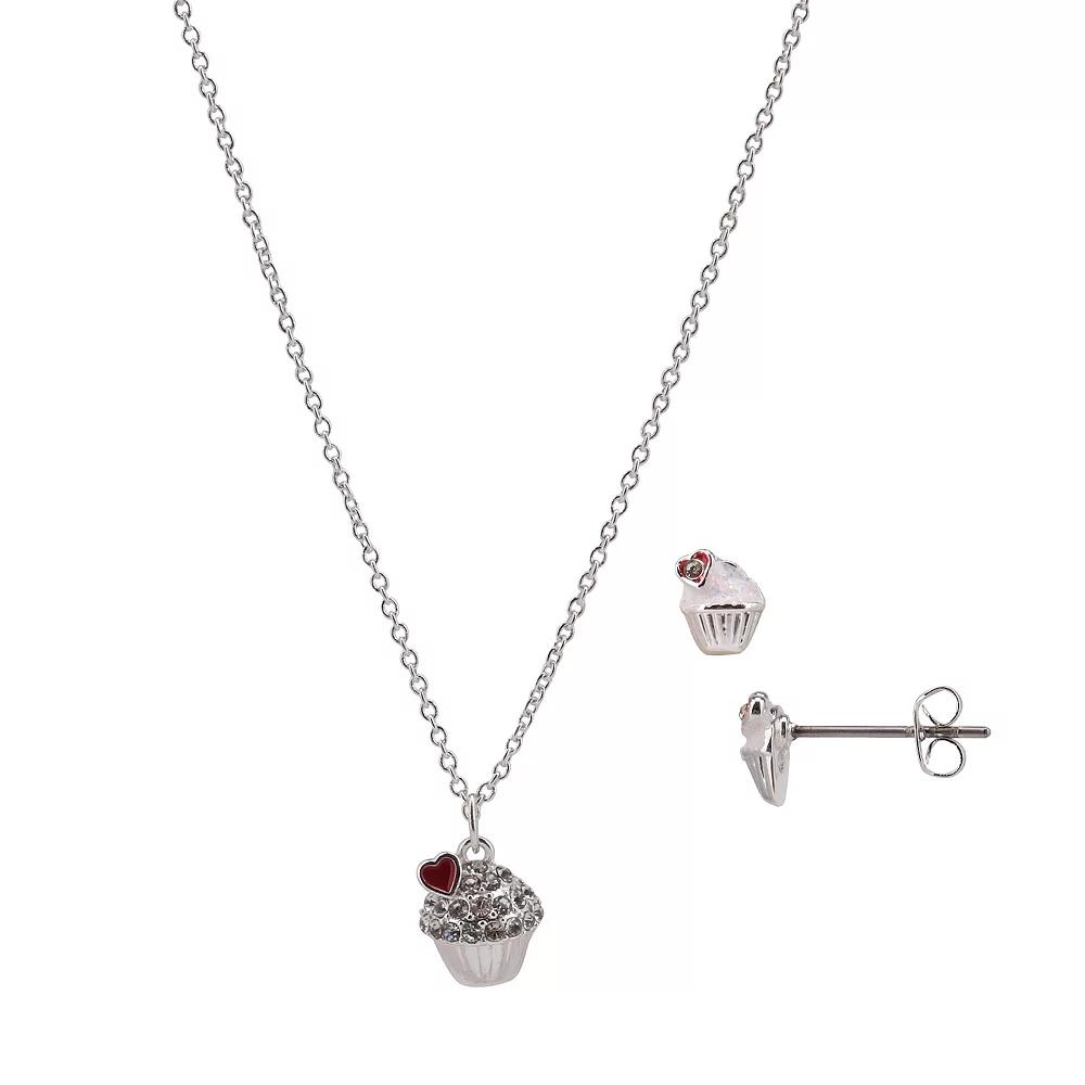 FAO Schwarz Silver Tone Crystal Cupcake Pendant Necklace & Stud Earrings Set, Women's Product Image