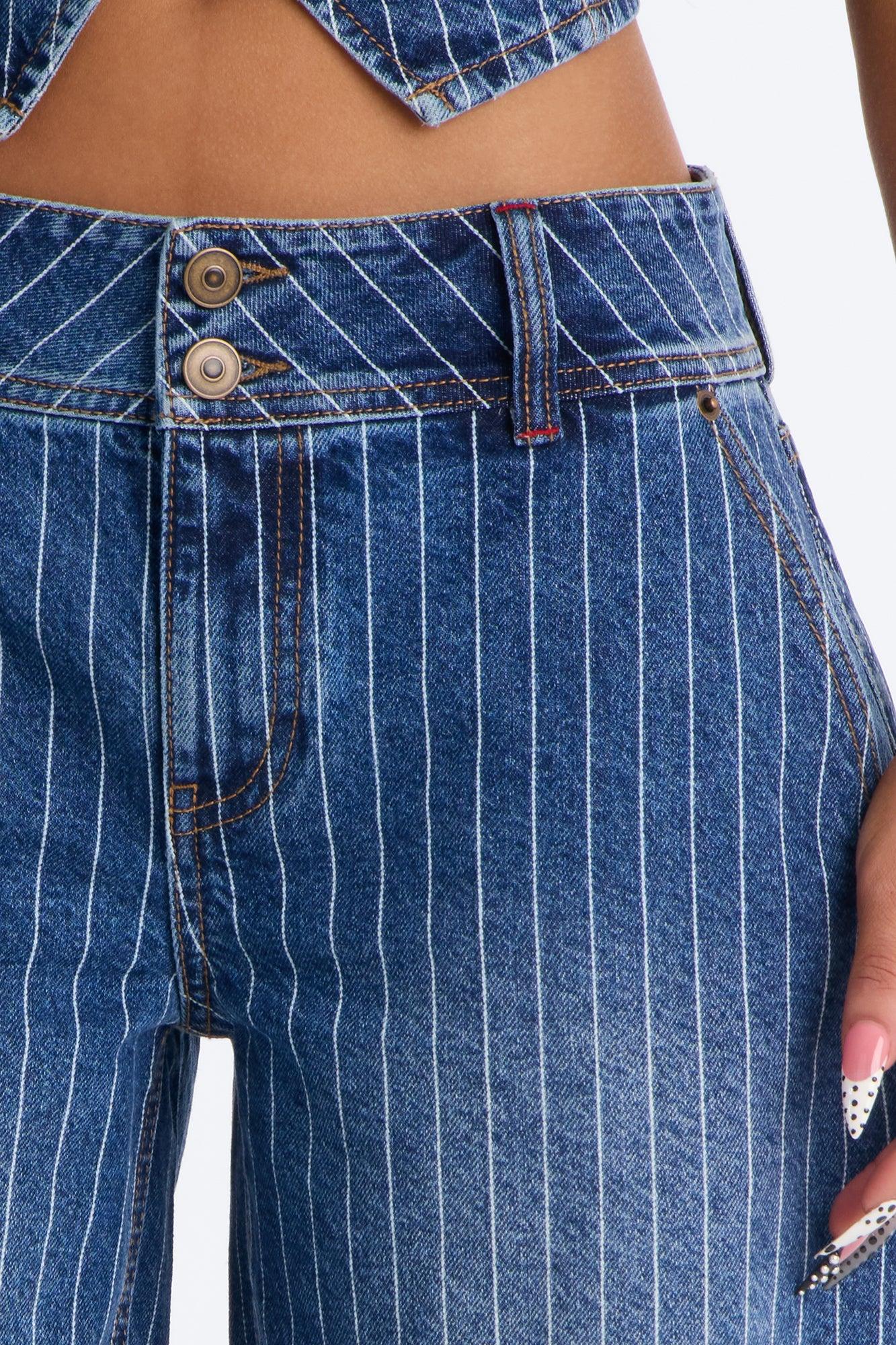 Legendary Striped Cuffed Denim Jorts - Dark Wash Female Product Image