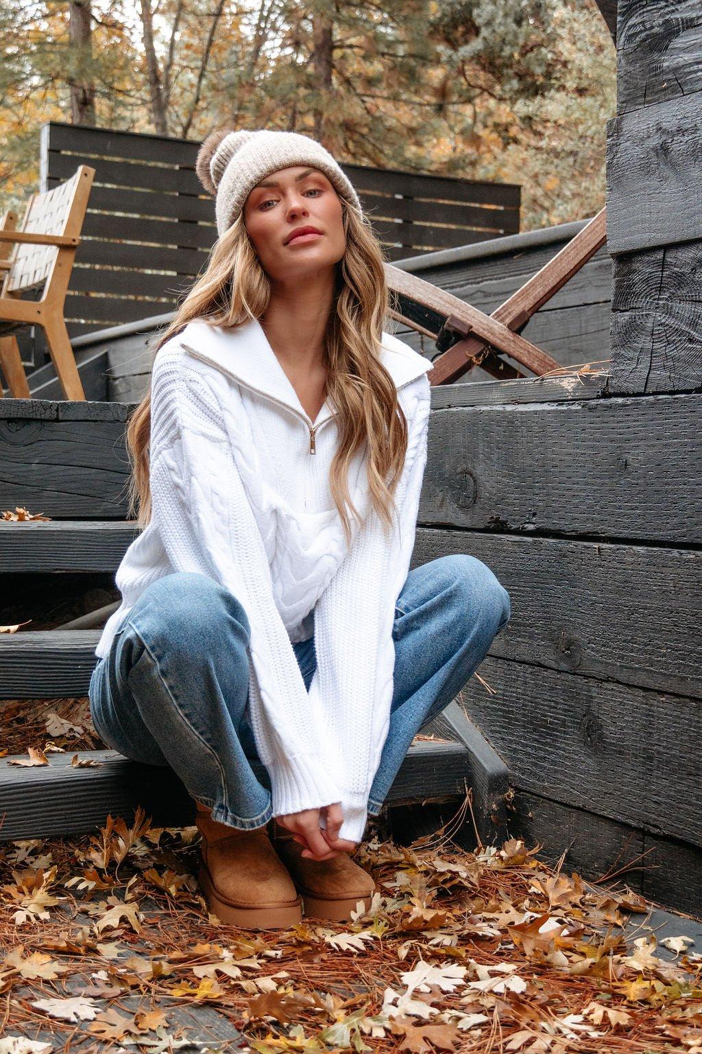 White Quarter Zip Cable Knit Sweater - FINAL SALE Product Image