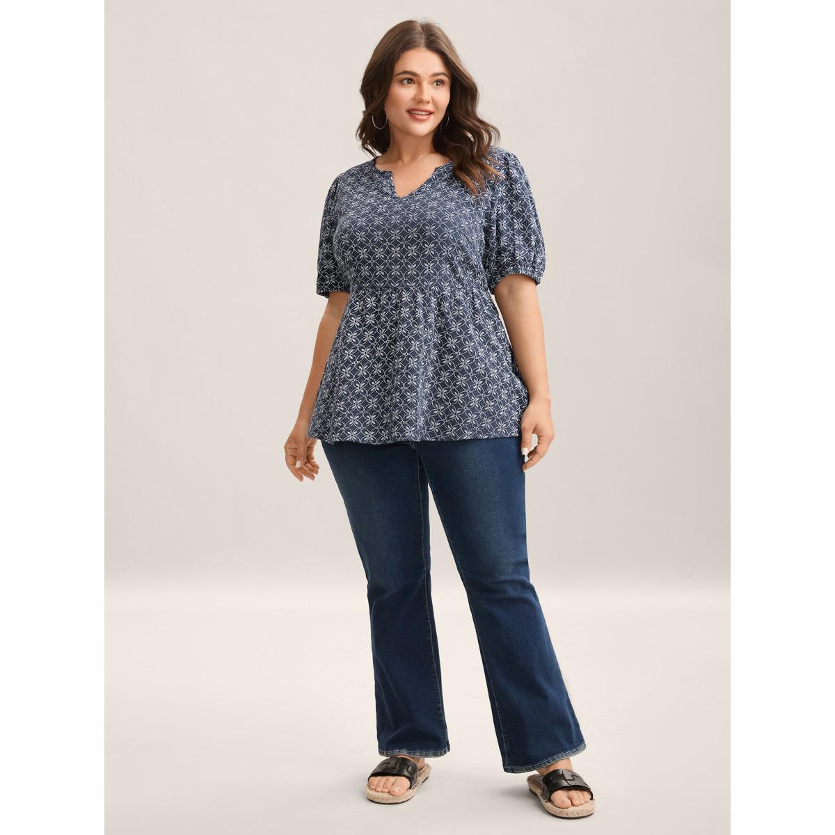 Plus Size Indigo Cotton Geometric Print Puff Sleeve Babydoll Top Women Boho Short sleeve Notched collar Vacation Blouses BloomChic 14-16/1X Product Image