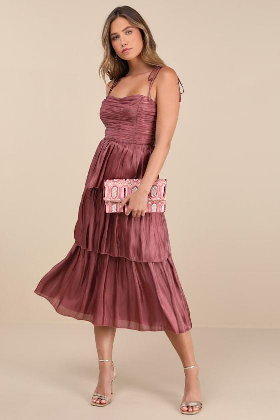 Tennon Dusty Rose Plisse Tiered Midi Dress Product Image