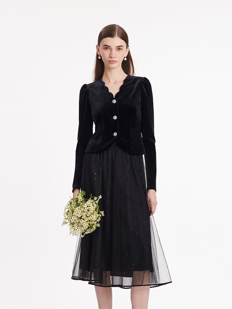 Wave Cut V-Neck Velvet Top And Tulle Skirt Two-Piece Set Product Image