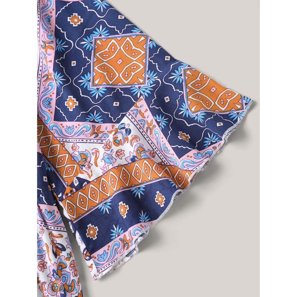 Plus Size Multicolor Boho Collage Print Notched Babydoll Top Women Elbow-length sleeve Notched collar Vacation Blouses BloomChic 22-24/3X Product Image